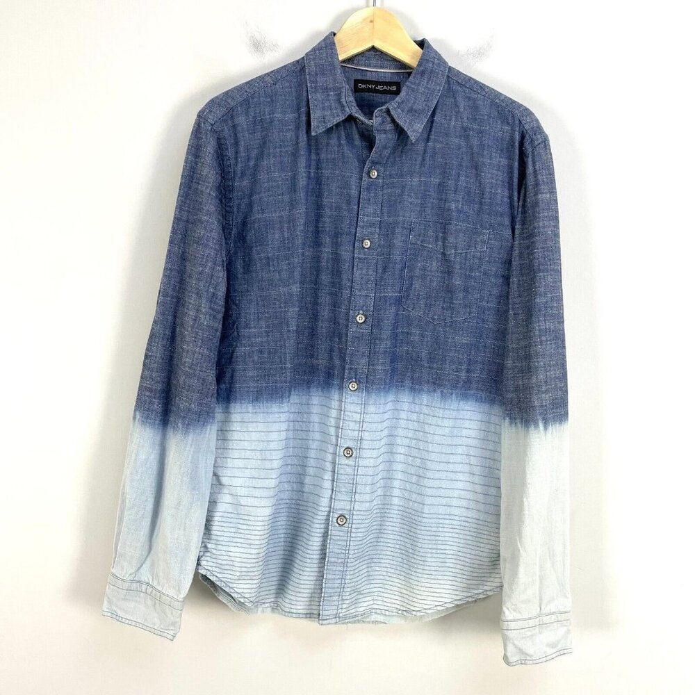 DKNY Jeans Mens Medium‎ Blue Ombre Button Up Chambray Shirt Long Sleeve Top